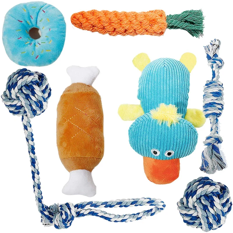 Juguetes para cachorros Toozey Paquete de 7 juguetes duraderos para perros pequeños. Juguetes de cuerda de masticar para perros y juguetes de masticar de peluche con bolsa de lavandería. Juguete de algodón natural para perros pequeños y cachorros