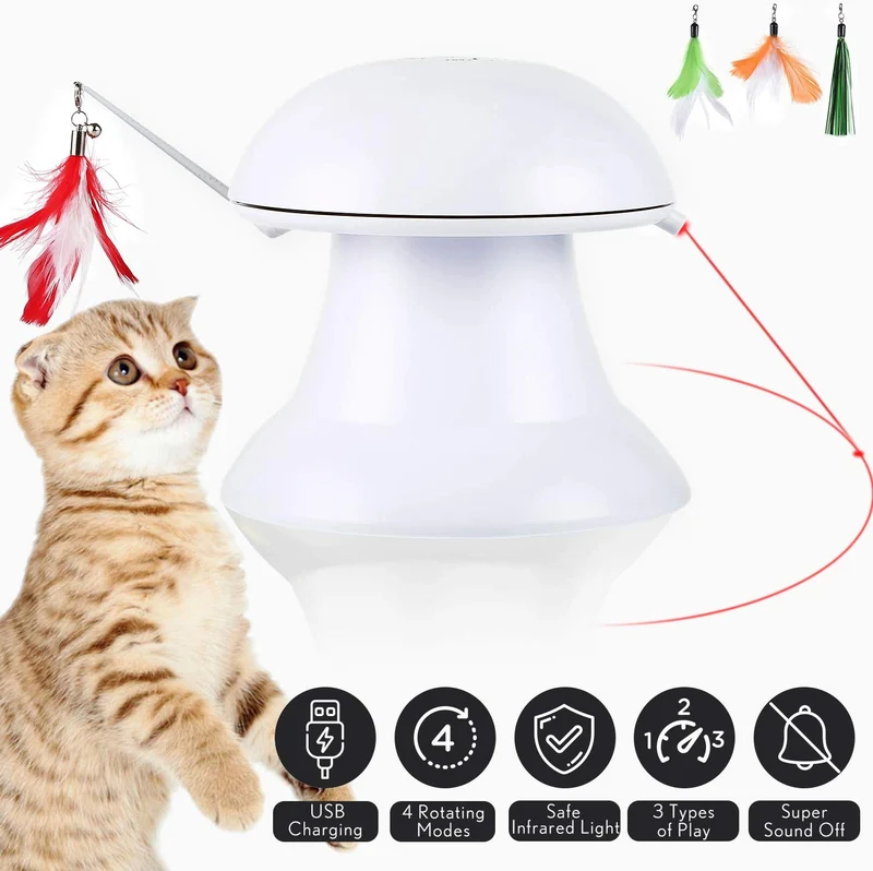 Petnf 2020 - Juguete láser para gatos 2 en 1, juguete para gatos automático, juguete interactivo para gatos, luz giratoria automática, múltiples colgadores de plumas, 3 maneras de jugar