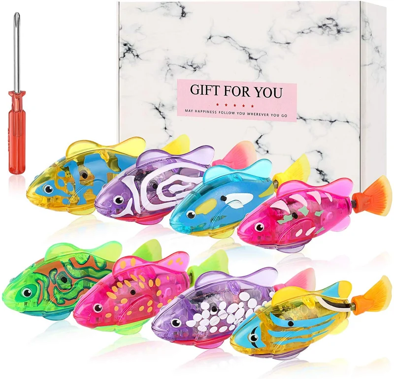 Creative Cat Fish Toys 8 paquetes con 32 pilas LR44 y 4 modos de natación LED robot de agua para gatos grandes y medianos y pequeños