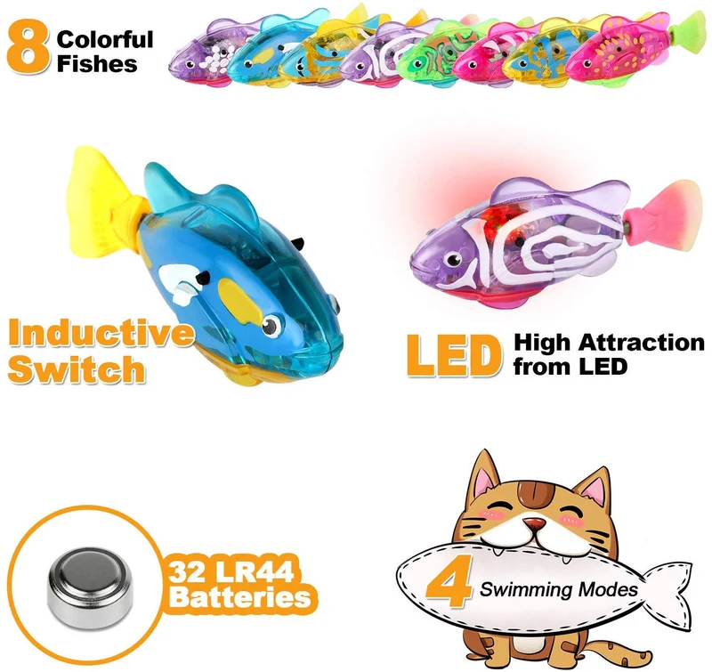 Creative Cat Fish Toys 8 paquetes con 32 pilas LR44 y 4 modos de natación LED robot de agua para gatos grandes y medianos y pequeños