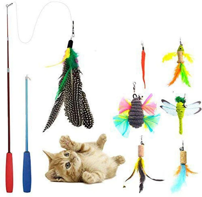 Cat juguetes interactivo, 9 paquetes retráctil gato juguete Varita, Cat Juguete de plumas, Assorted recambios Teaser Varita Exerciser Toy Set, pescado Bird Butterfly Dragonfly Gusano