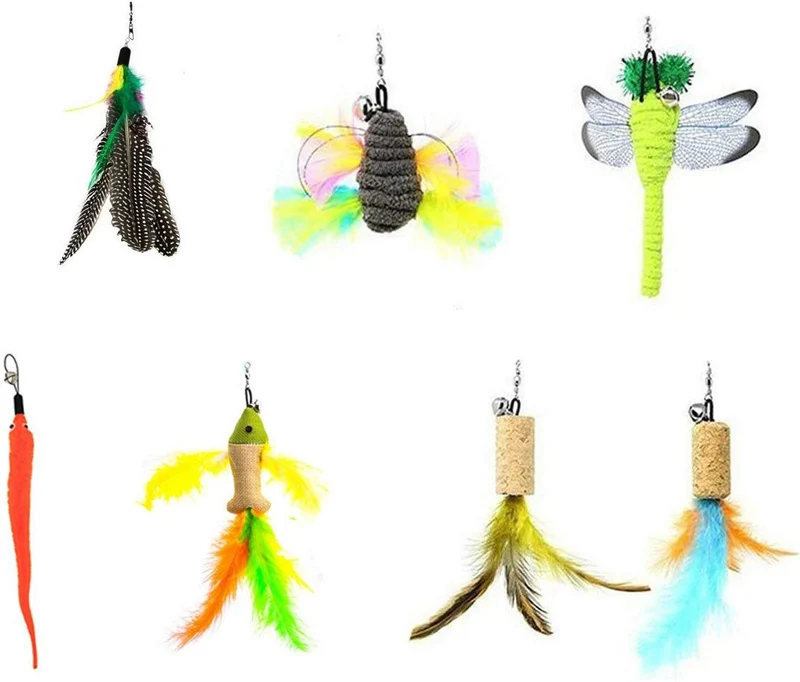 Cat juguetes interactivo, 9 paquetes retráctil gato juguete Varita, Cat Juguete de plumas, Assorted recambios Teaser Varita Exerciser Toy Set, pescado Bird Butterfly Dragonfly Gusano