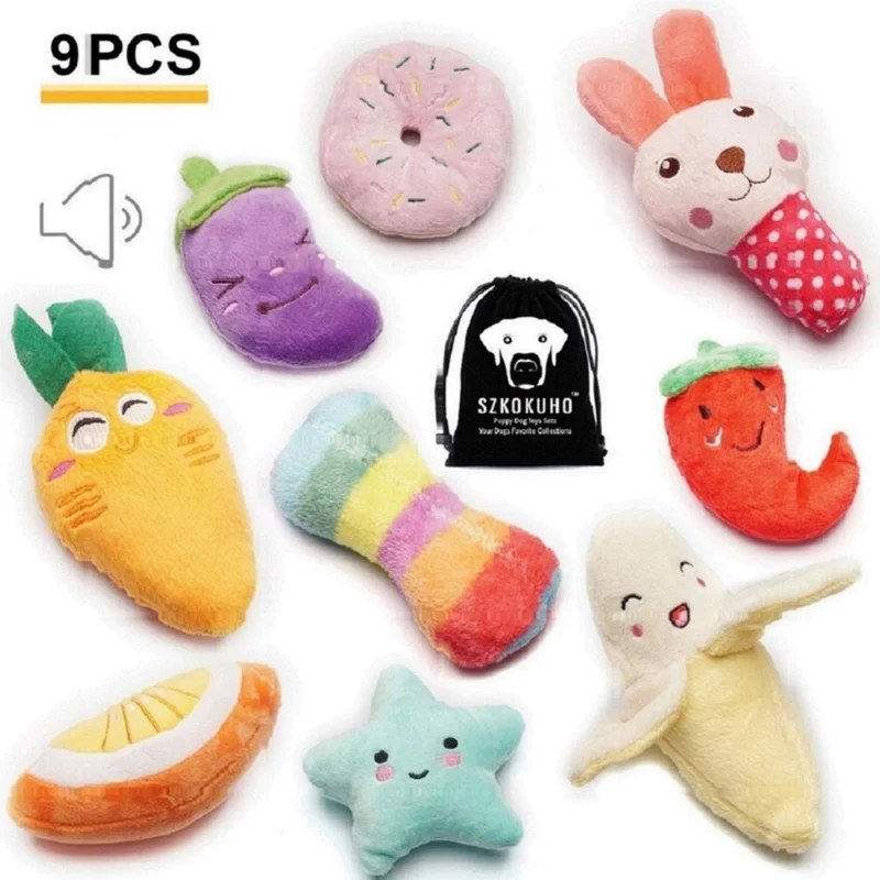 SZKOKUHO - Juego de 9 juguetes de peluche para perros pequeños para morder en cualquier momento, varios colores y categorías