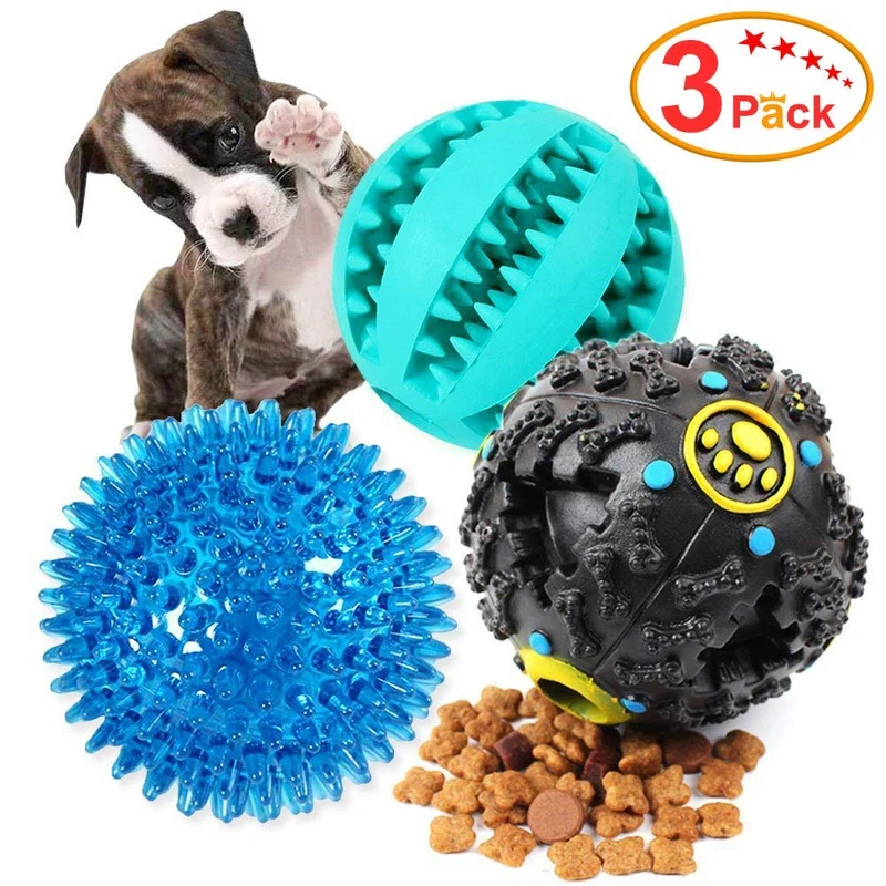 Vitscan Juguete dispensador de golosinas para perros, pelota de regalo con chirriador de goma, juguete para masticar para perros, mejor para cachorros y perros pequeños y medianos, aumenta el coeficiente intelectual y la estimulación mental (paquete de 3)