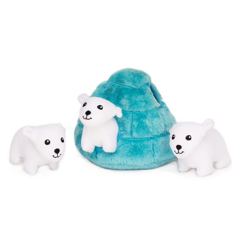 ZippyPaws – Zoo Friends Burrow, interactivo Squeaky Hide y buscar peluche perro juguete, oso polar iglú
