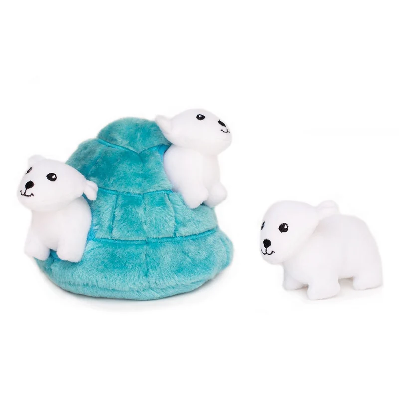 ZippyPaws – Zoo Friends Burrow, interactivo Squeaky Hide y buscar peluche perro juguete, oso polar iglú