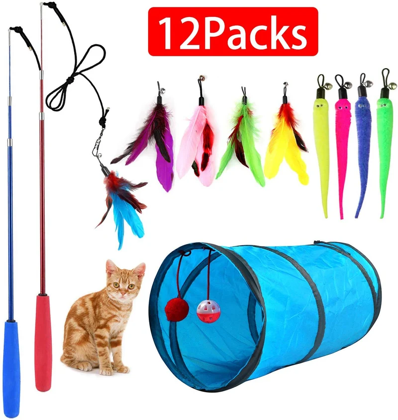 Juguete para gatos retráctil, 12 paquetes interactivos de plumas de gato, 9 recambios surtidos con campana para gato, gatito