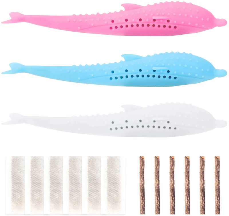 Slopehill Cat Catnip Toy, nuevo cepillo de dientes interactivo actualizado para gato, juguete para masticar, rellenable Catnip Fish Teaser, Matatabi Silvervine, limpiar en el lavavajillas