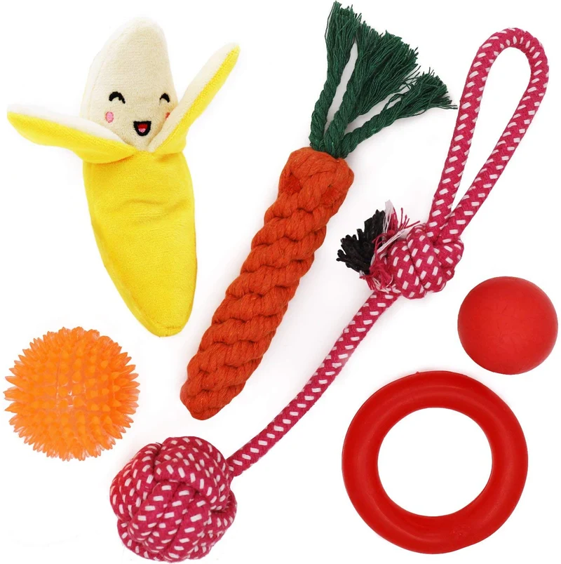 Conjunto de juguetes para perro pequeño, paquete de 6, balón, cuerda y juguetes para masticar para cachorro
