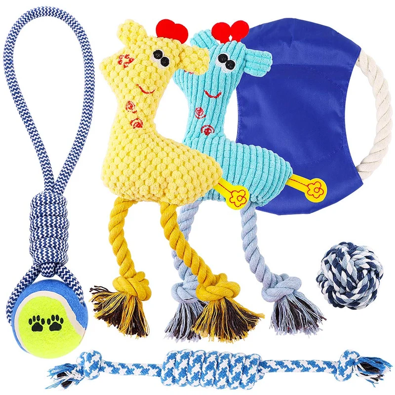 Petbobi Juguetes para perros Juguetes para dentición de perros, Juguetes para masticar mejor cachorro Juguetes de felpa para perro Juguetes para masticar Juguetes Squeaky Set de Cuerda con Bolas 6 piezas