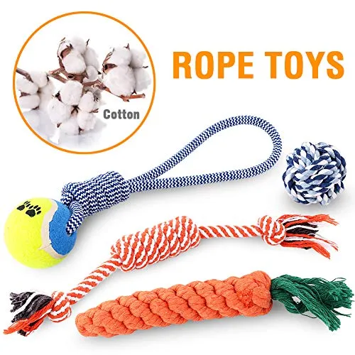 Petbobi Juguetes para perros Juguetes para dentición de perros, Juguetes para masticar mejor cachorro Juguetes de felpa para perro Juguetes para masticar Juguetes Squeaky Set de Cuerda con Bolas 6 piezas