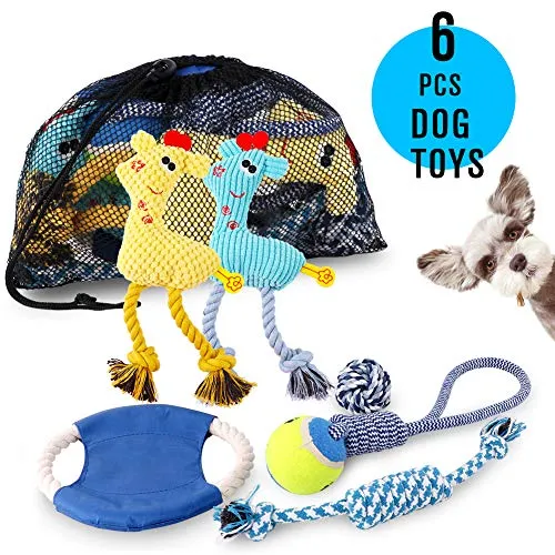 Petbobi Juguetes para perros Juguetes para dentición de perros, Juguetes para masticar mejor cachorro Juguetes de felpa para perro Juguetes para masticar Juguetes Squeaky Set de Cuerda con Bolas 6 piezas