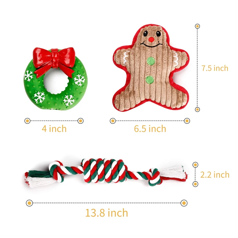 Toozey - Juego de 3 juguetes de Navidad para perro, cuerda de algodón 100% natural, juguetes duraderos para masticar perros y muñeco de nieve para perros pequeños y cachorros