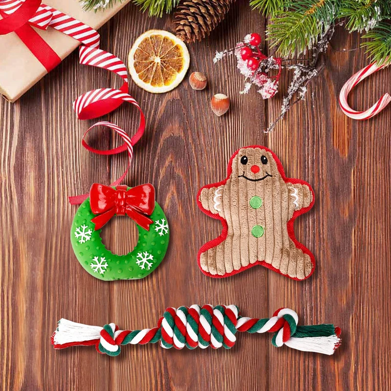 Toozey - Juego de 3 juguetes de Navidad para perro, cuerda de algodón 100% natural, juguetes duraderos para masticar perros y muñeco de nieve para perros pequeños y cachorros
