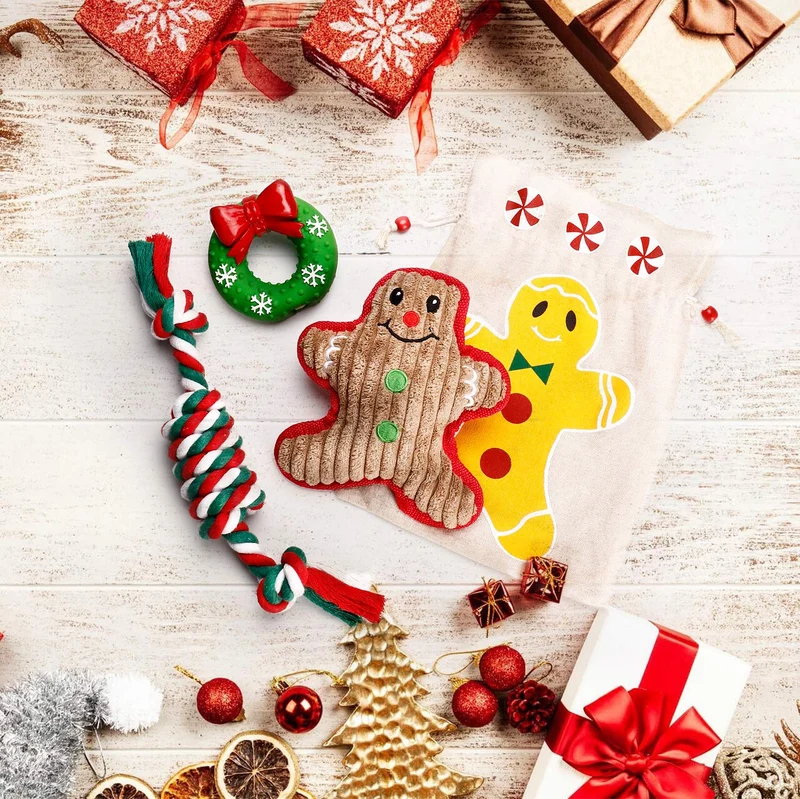 Toozey - Juego de 3 juguetes de Navidad para perro, cuerda de algodón 100% natural, juguetes duraderos para masticar perros y muñeco de nieve para perros pequeños y cachorros