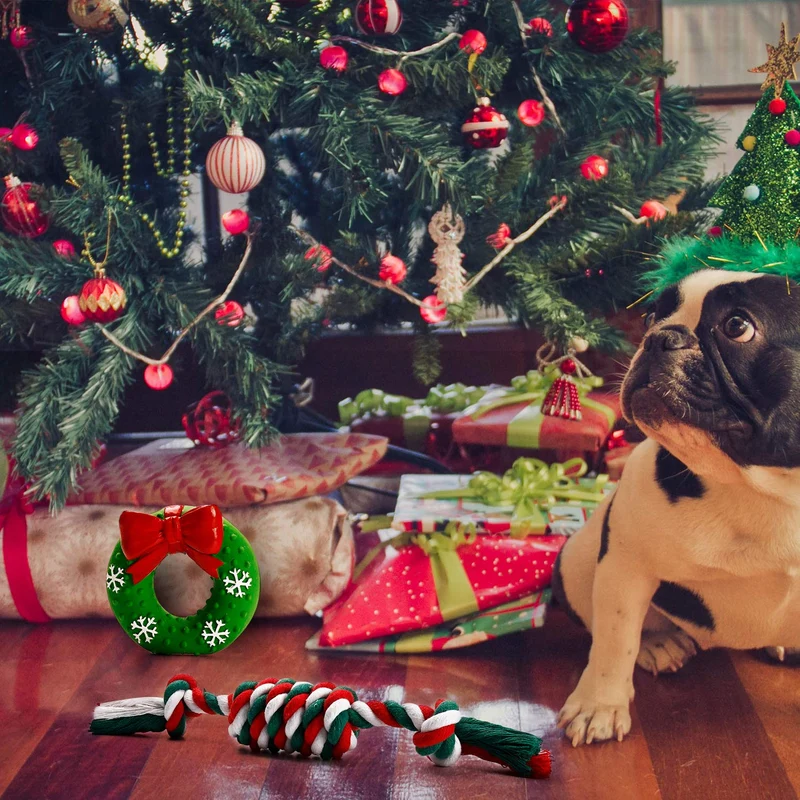 Toozey - Juego de 3 juguetes de Navidad para perro, cuerda de algodón 100% natural, juguetes duraderos para masticar perros y muñeco de nieve para perros pequeños y cachorros