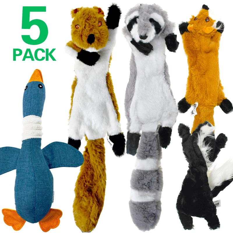 Legend - Juego de juguetes de peluche para perro, paquete de 5 juguetes de ardilla, juguetes para masticar sin rellenar con bolsa de almacenamiento