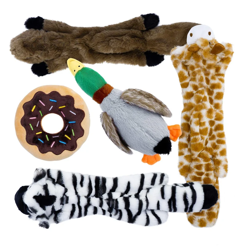 Toozey - Juguetes chirriantes para perro, 5 unidades, tres juguetes para perros sin pelusa y tres juguetes de peluche para mascotas con relleno, juguetes para masticar perros seguros para perros pequeños, medianos y grandes
