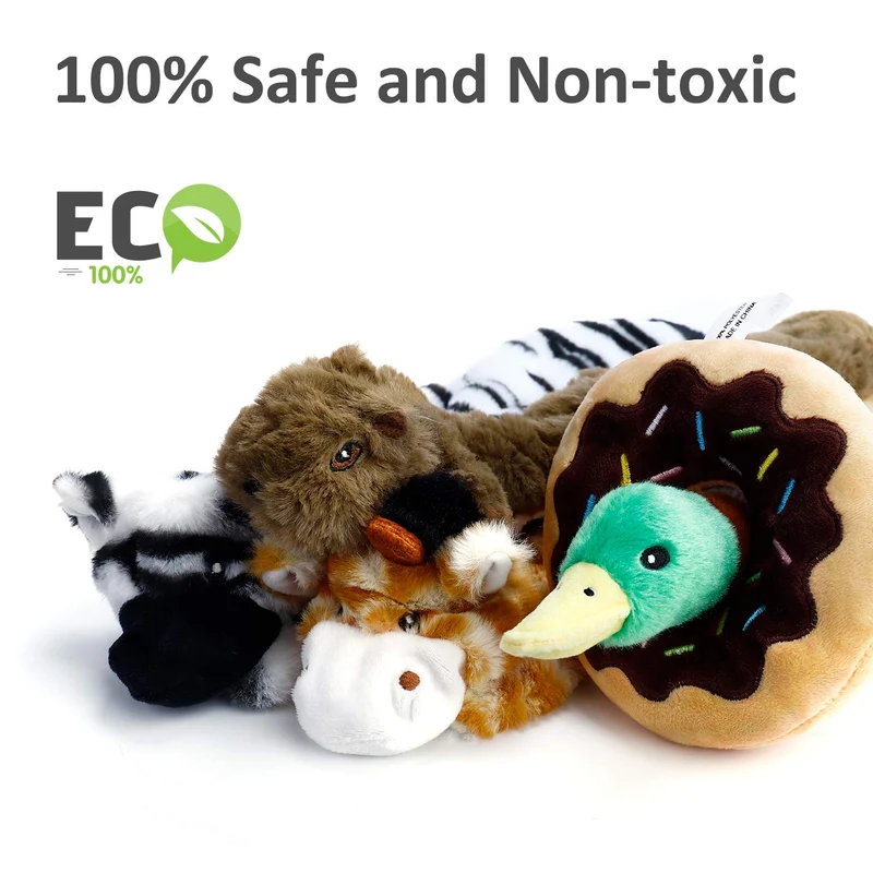 Toozey - Juguetes chirriantes para perro, 5 unidades, tres juguetes para perros sin pelusa y tres juguetes de peluche para mascotas con relleno, juguetes para masticar perros seguros para perros pequeños, medianos y grandes
