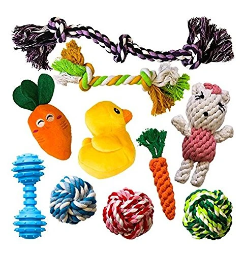 AMZpets 10 juguetes más populares para perros pequeños y cachorros. Juguetes de peluche, juguetes de cuerda, juegos de peluche, cuerdas de masticar, bolas, hueso de goma, bolsa de transporte. Juego de juegos variados para Toss & Tug Play.