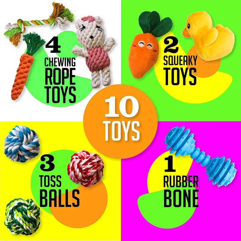 AMZpets 10 juguetes más populares para perros pequeños y cachorros. Juguetes de peluche, juguetes de cuerda, juegos de peluche, cuerdas de masticar, bolas, hueso de goma, bolsa de transporte. Juego de juegos variados para Toss & Tug Play.