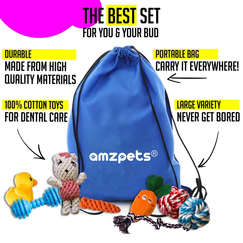 AMZpets 10 juguetes más populares para perros pequeños y cachorros. Juguetes de peluche, juguetes de cuerda, juegos de peluche, cuerdas de masticar, bolas, hueso de goma, bolsa de transporte. Juego de juegos variados para Toss & Tug Play.