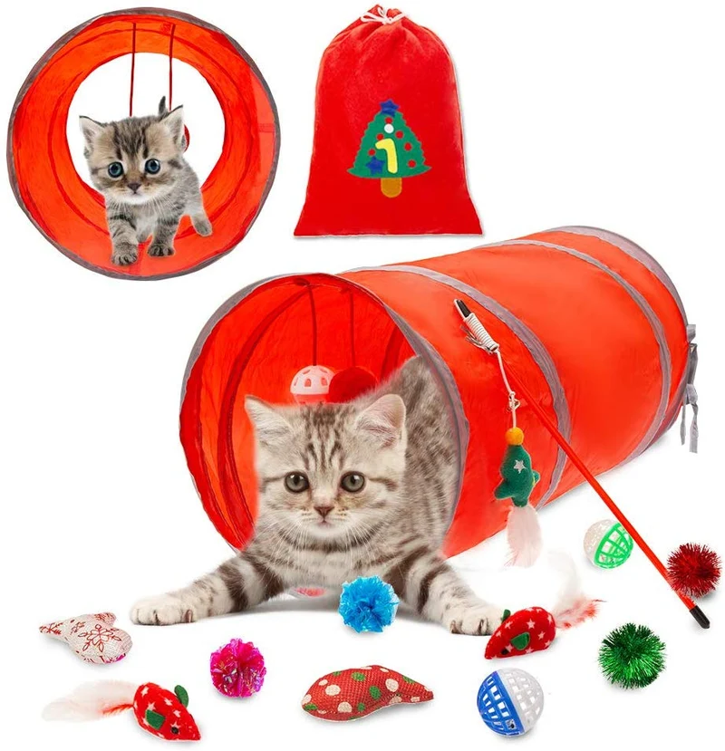 PUPTECK - Juego de 12 juguetes interactivos para gatos, juego valioso de 2 ratones de plumas, túnel para gatos de 18.89 pulgadas de largo, 6 pelotas, 2 juguetes para peces de gato, palo para gatos