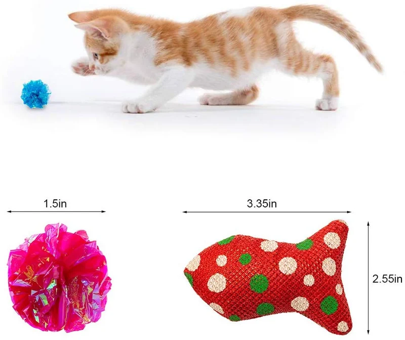 PUPTECK - Juego de 12 juguetes interactivos para gatos, juego valioso de 2 ratones de plumas, túnel para gatos de 18.89 pulgadas de largo, 6 pelotas, 2 juguetes para peces de gato, palo para gatos