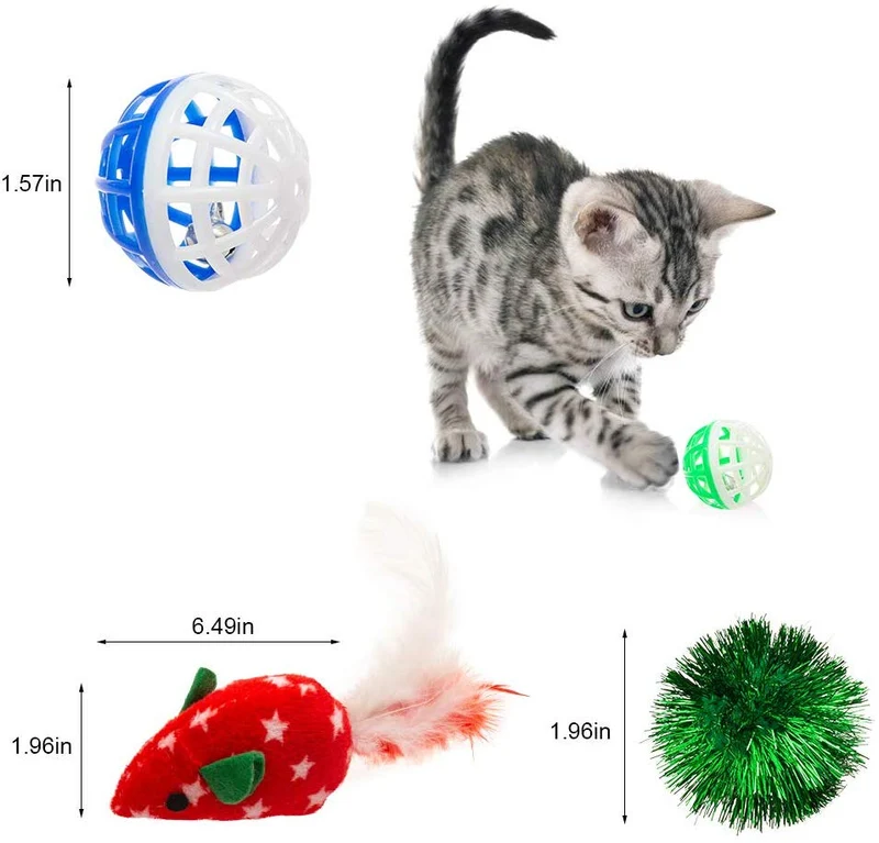PUPTECK - Juego de 12 juguetes interactivos para gatos, juego valioso de 2 ratones de plumas, túnel para gatos de 18.89 pulgadas de largo, 6 pelotas, 2 juguetes para peces de gato, palo para gatos