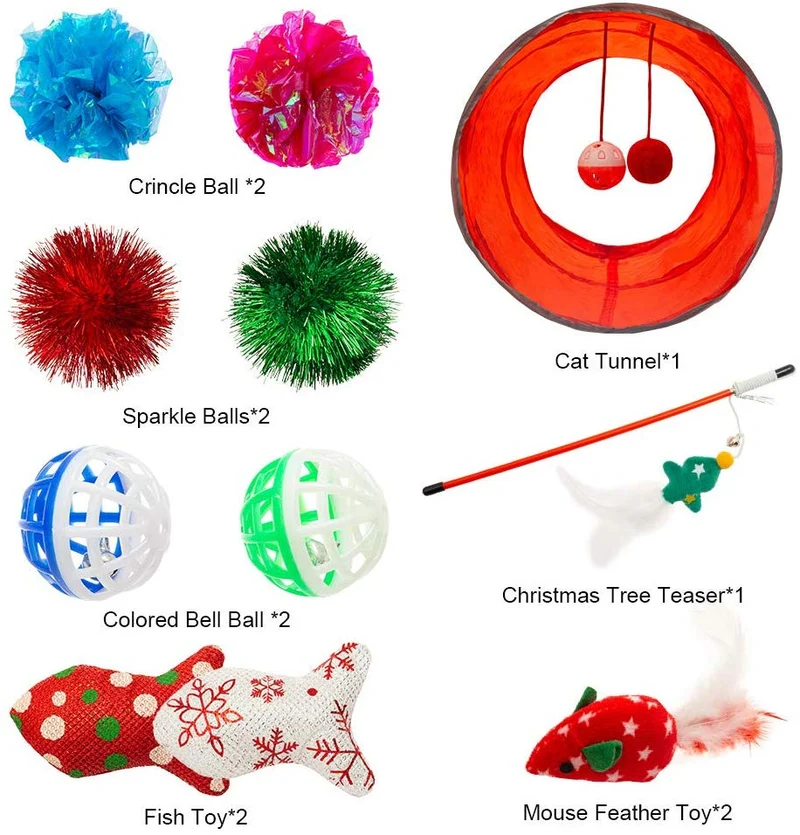 PUPTECK - Juego de 12 juguetes interactivos para gatos, juego valioso de 2 ratones de plumas, túnel para gatos de 18.89 pulgadas de largo, 6 pelotas, 2 juguetes para peces de gato, palo para gatos