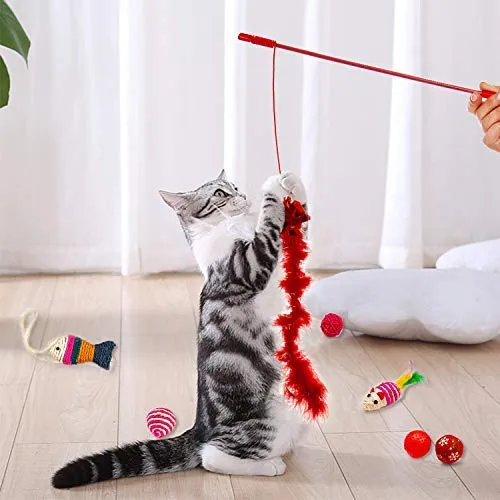 upsimples Cat Toys Including Cat Teaser Wand Interactive Feather Toy Fluffy Mouse Mylar Crinkle Balls Catnip Pillow for Kitten Kitty
