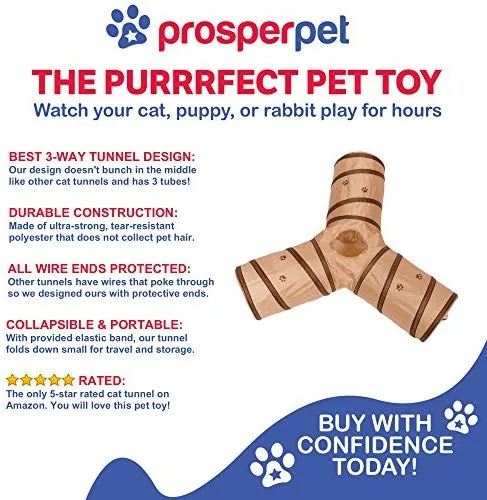 Prosper Pet Cat Tunnel - Collapsible 3 Way Play Toy - Tube Fun for Rabbits, Kittens, and Dogs