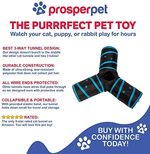 Prosper Pet Cat Tunnel - Collapsible 3 Way Play Toy - Tube Fun for Rabbits, Kittens, and Dogs
