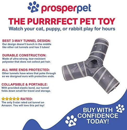 Prosper Pet Cat Tunnel - Collapsible 3 Way Play Toy - Tube Fun for Rabbits, Kittens, and Dogs