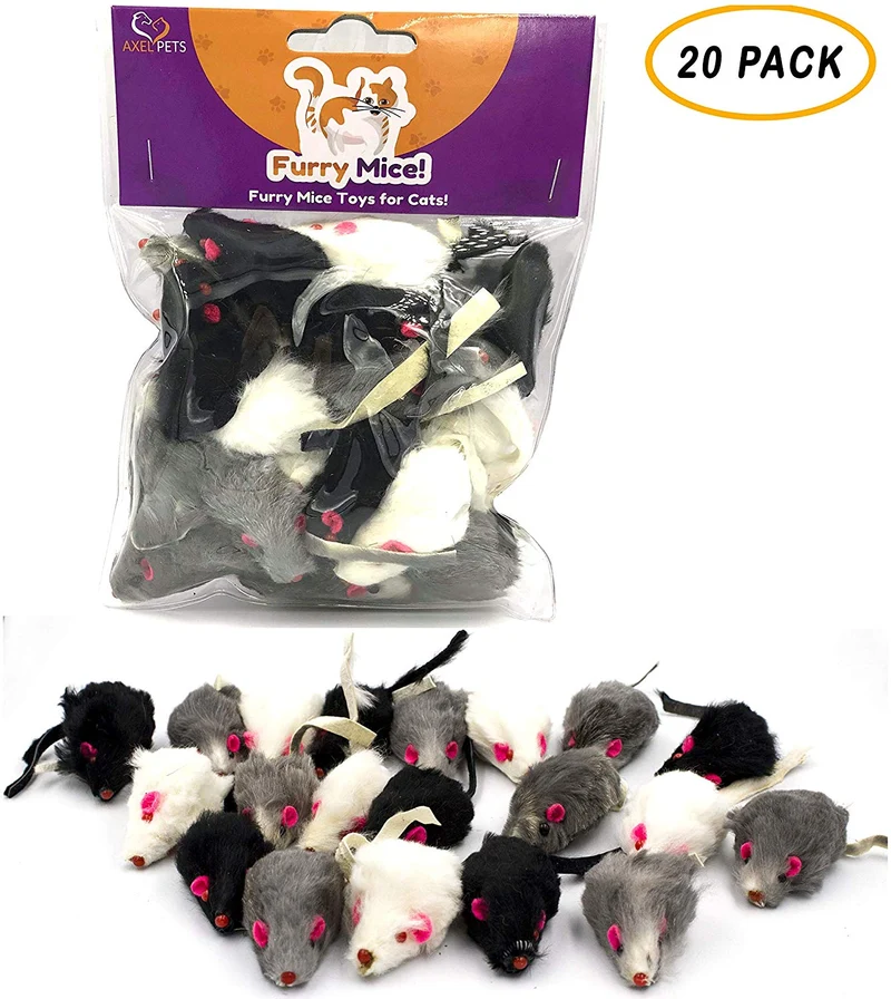 AXEL PETS 20 - Juego de ratones interactivos para gatos con sonido de gato y sonajero hecho de piel de conejo real