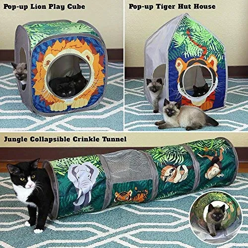 Kitty City Jungle Cat Cube Combo, Cubo plegable para gato, cama para gato, túnel, juguetes para gatos