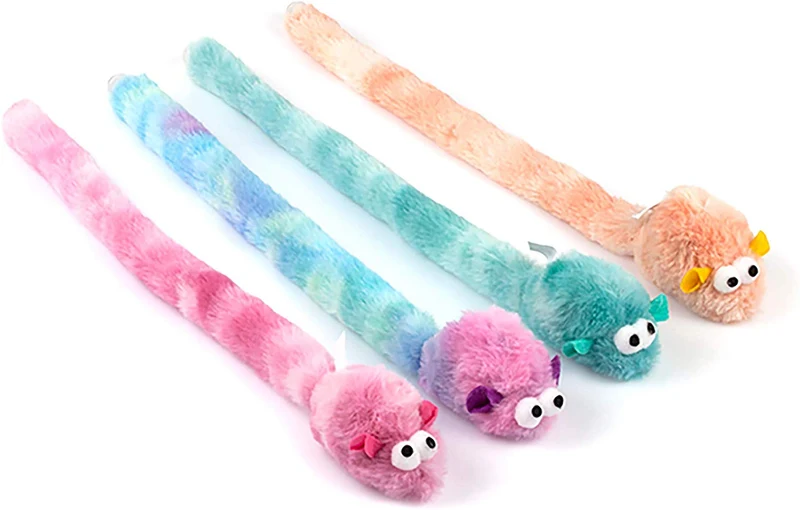 Chiwava 4 paquetes de 15 pulgadas de largo suave peluche gato juguetes ratones rustle sonido pequeño ratón actividad interactivo juguete