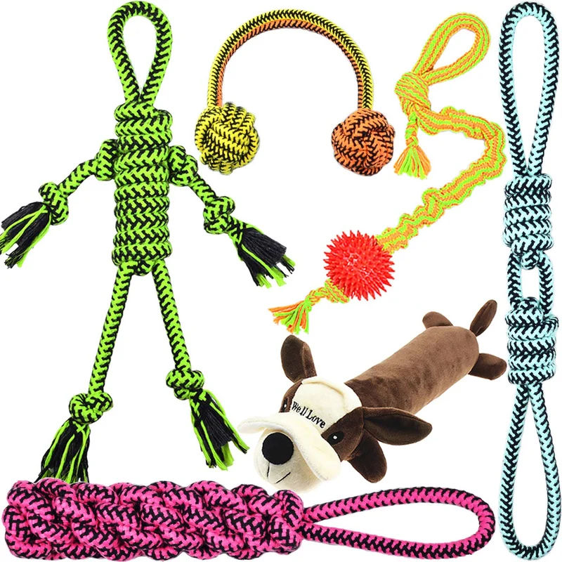 Well Love juguetes para perro. Juguetes para masticar. Cuerda de 100 % algodón natural. Juguetes chirrido, huesos para perro. Cuerdas para perro. Juguete de peluche para perros. Sogas para perro. Pelota de Tug Of War. Juguetes para perro 6 paquetes juego