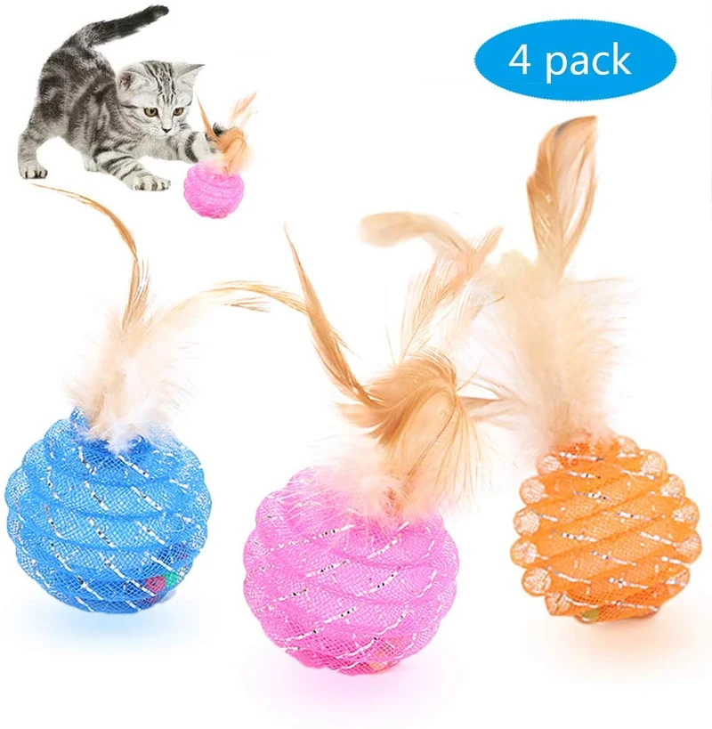 Fun Meows Interactive Cat Ball Toys with Feather,The Best Brightly Colored Cat Toys with Bells,Health Sport for Your Cat.Hour of Entertainment,Safe for Your Kitty,Pack of 4