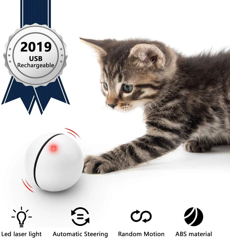Juguetes interactivos para gatos de UNZANO para gatos con luz LED roja integrada, recargable por USB, gira y gira automáticamente el juguete de la pelota del gato y los perseguidores para estimular el ejercicio de tu mascota, perseguir y caza
