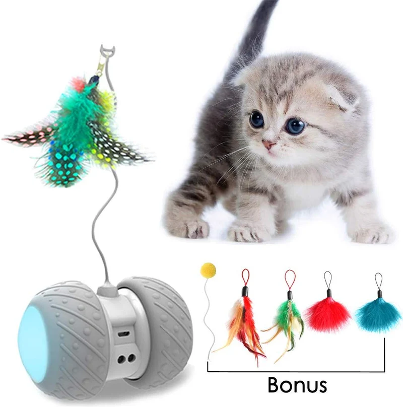 MalsiPree Robotic Juguete interactivo para gato, juguete automático de plumas/pelotas para gatitos/gatos, recargable por USB, batería de gran capacidad, todos los pisos/alfombras disponibles, 4 plumas de bonificación