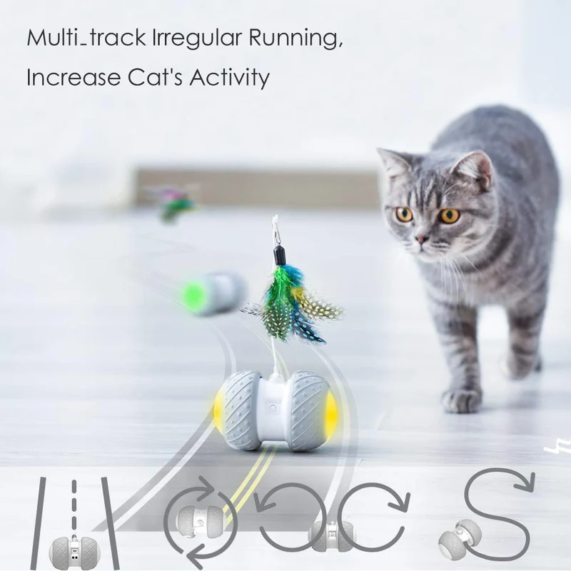 MalsiPree Robotic Juguete interactivo para gato, juguete automático de plumas/pelotas para gatitos/gatos, recargable por USB, batería de gran capacidad, todos los pisos/alfombras disponibles, 4 plumas de bonificación