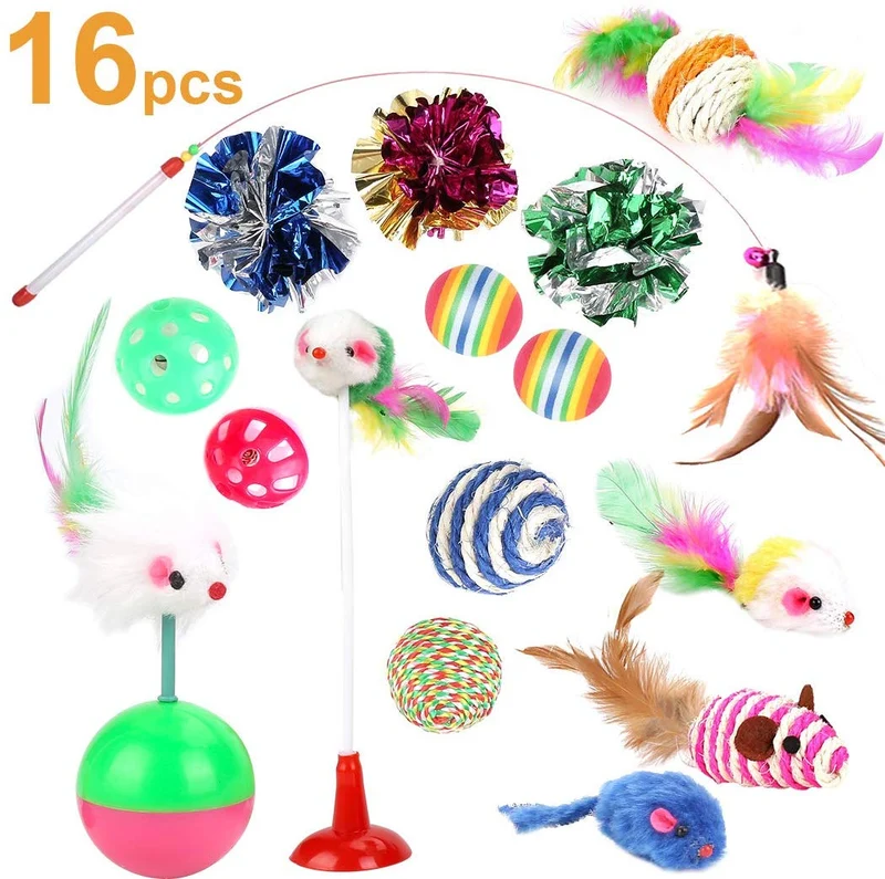 Depets - Juego de juguetes interactivos para gatos, 16 piezas, incluye toalla de plumas, juguete para gatos, pelotas de gato (puede variar)