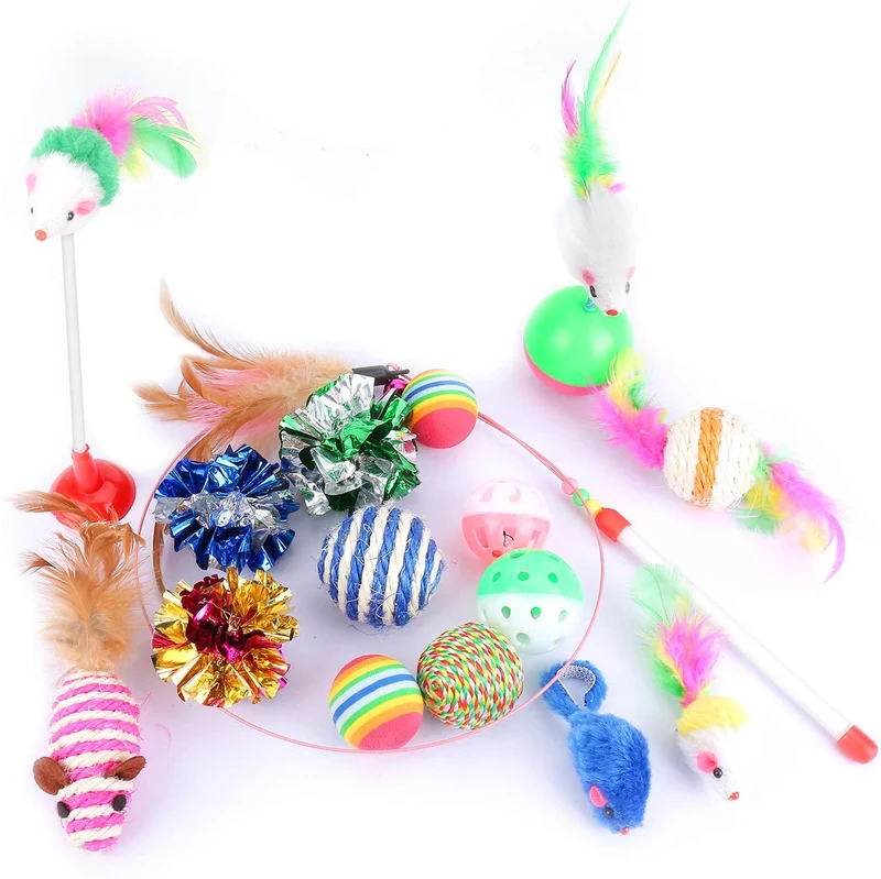 Depets - Juego de juguetes interactivos para gatos, 16 piezas, incluye toalla de plumas, juguete para gatos, pelotas de gato (puede variar)