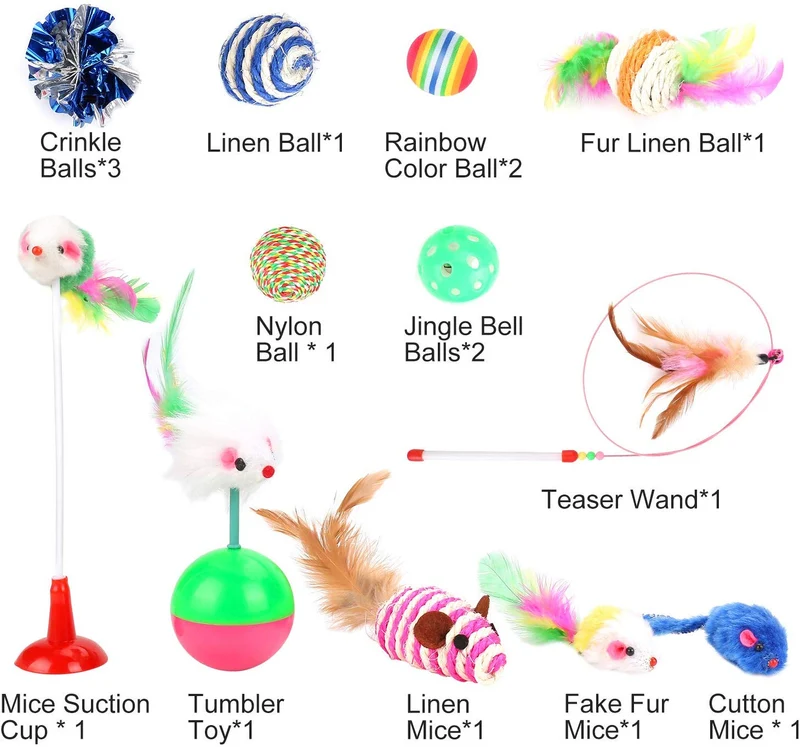 Depets - Juego de juguetes interactivos para gatos, 16 piezas, incluye toalla de plumas, juguete para gatos, pelotas de gato (puede variar)