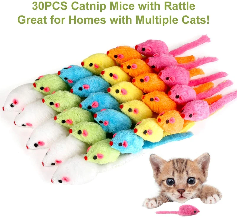 MeoHui 30 piezas de juguetes para gatos, 5.5 in de piel sintética, ratón, ratón, sonajero, sonajero, juguete para gato, gato, gato, ejercicio, interactivo, juego interactivo, 6 colores surtidos