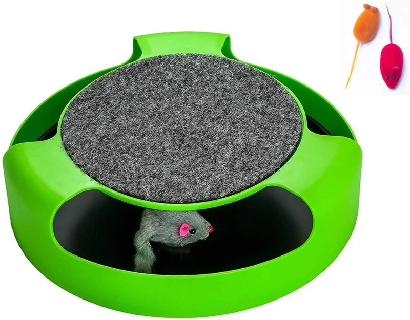 AroPaw Juguetes interactivos para gatos – Juguete para gatos con ratón giratorio y una almohadilla para rascar dos en uno – Atrapa el ratón – Ratón de juguete para gatos (Catnip no incluido) – Juguetes para gatitos de calidad