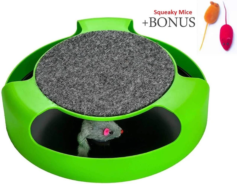 AroPaw Juguetes interactivos para gatos – Juguete para gatos con ratón giratorio y una almohadilla para rascar dos en uno – Atrapa el ratón – Ratón de juguete para gatos (Catnip no incluido) – Juguetes para gatitos de calidad