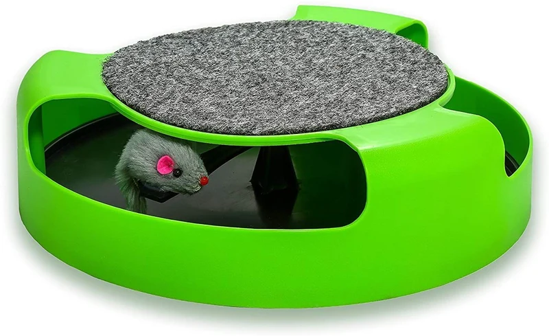 AroPaw Juguetes interactivos para gatos – Juguete para gatos con ratón giratorio y una almohadilla para rascar dos en uno – Atrapa el ratón – Ratón de juguete para gatos (Catnip no incluido) – Juguetes para gatitos de calidad