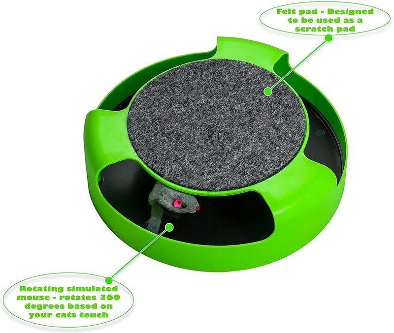 AroPaw Juguetes interactivos para gatos – Juguete para gatos con ratón giratorio y una almohadilla para rascar dos en uno – Atrapa el ratón – Ratón de juguete para gatos (Catnip no incluido) – Juguetes para gatitos de calidad